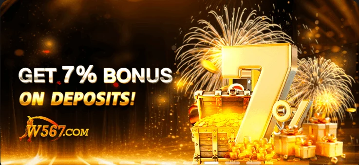 W567 promotional artwork with gold coins and a seven percent deposit offer